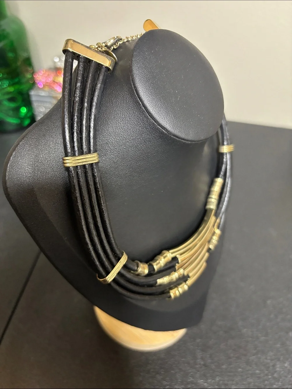 Express Black Leather Gold Tone Statement Edgy Collar Necklace